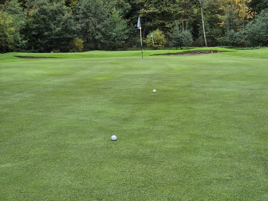 Roy slaat bal midden op de green