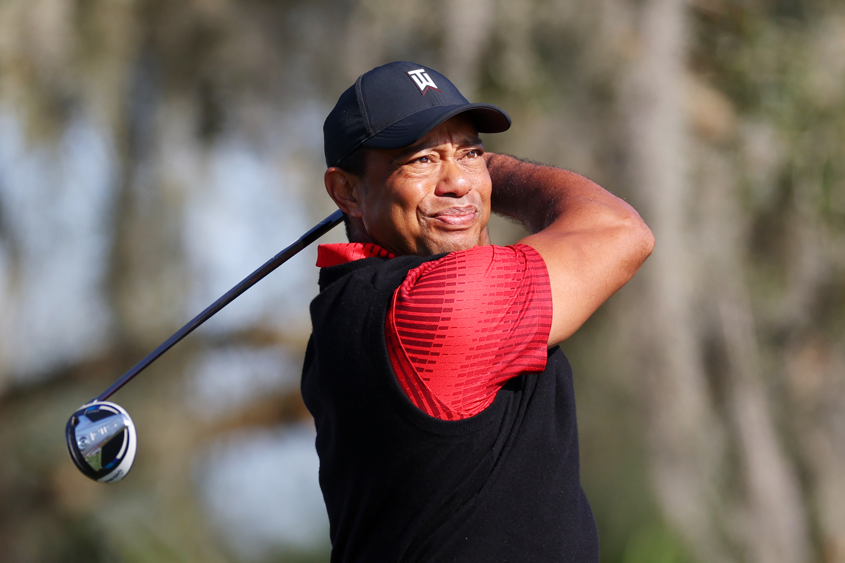 De Amerikaanse topgolfer Tiger Woods tijdens het PNC Championship van 2022