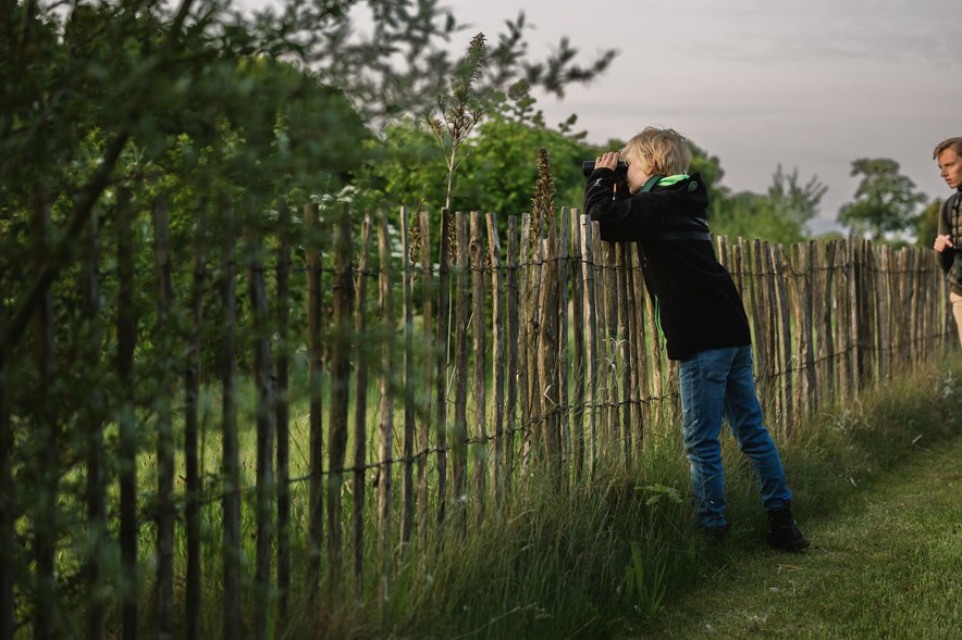 Kind kijkt door de verrekijker tijdens de NGF Birdwatchingday 2024. op Bernardus