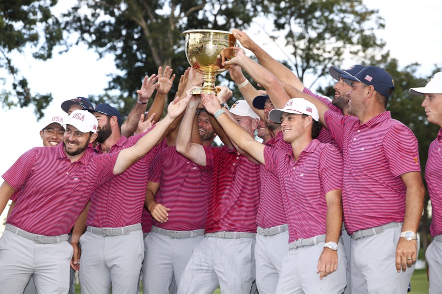 De Amerikaanse golfers wonnen in 2026 opnieuw de Presidents Cup op Medinah in Chicaco