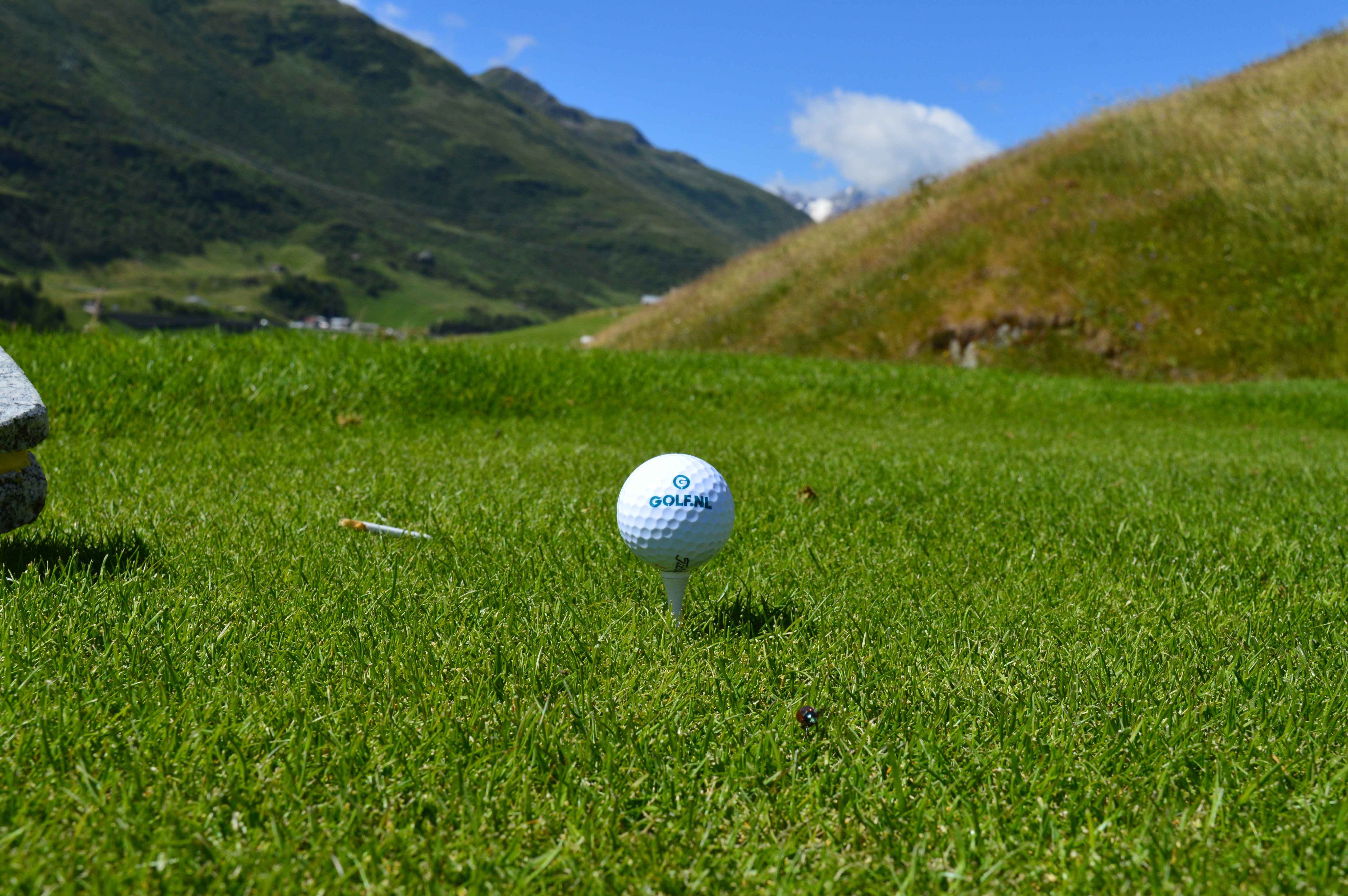 Golfbal op de tee in de golfbaan